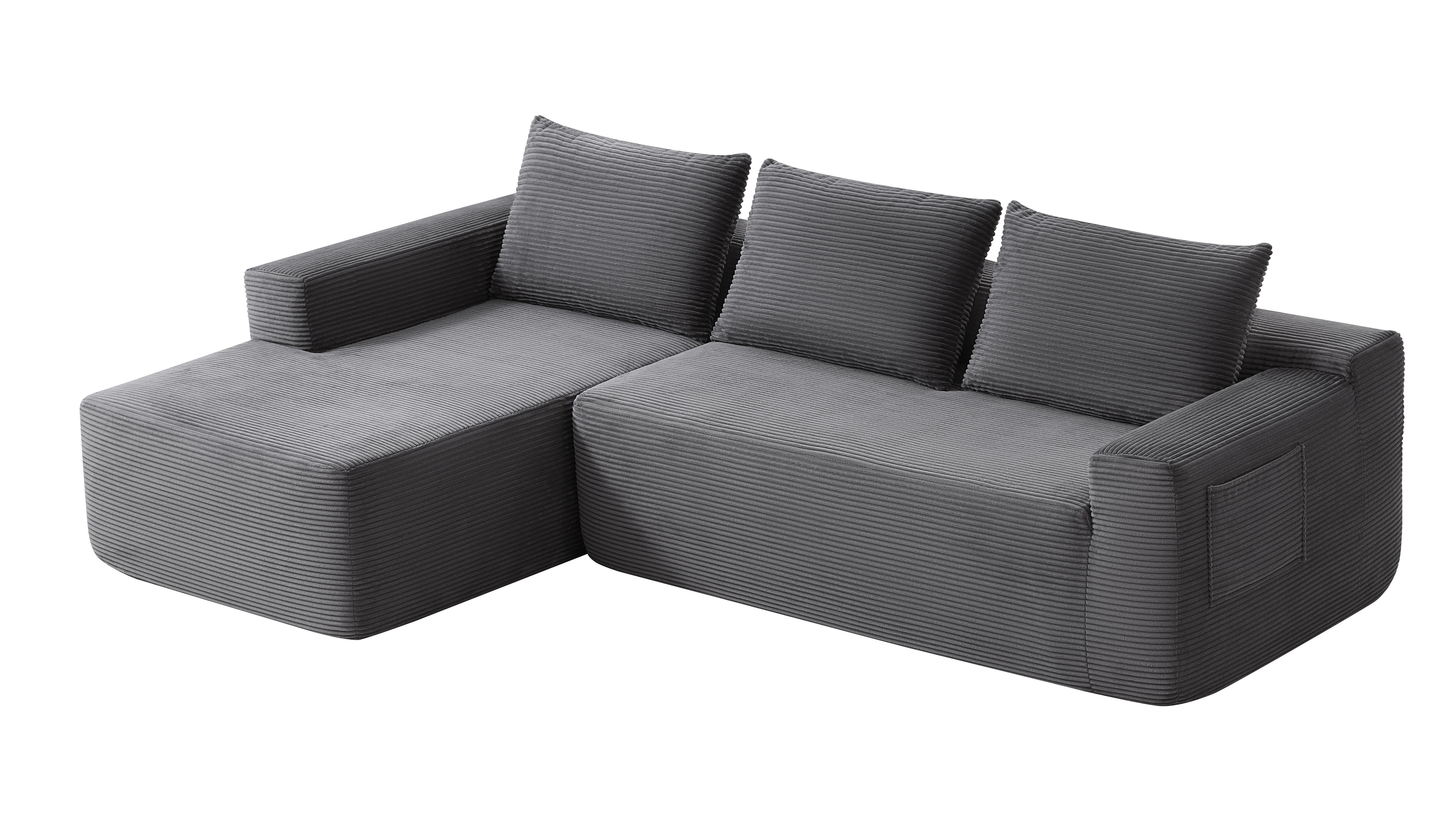 Modern Cloud Sectional Sofa L-shape Chaise Black Corduroy Fabric_voghion.com